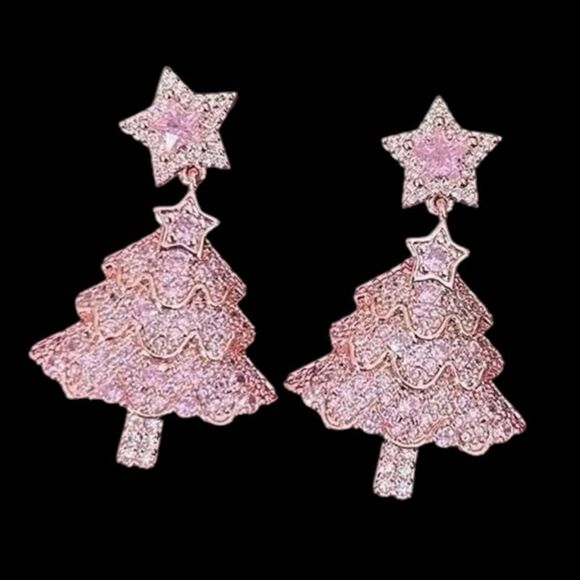 PINK RHINESTONE CHRISTMAS TREE EARRINGS - Picture 1 of 1